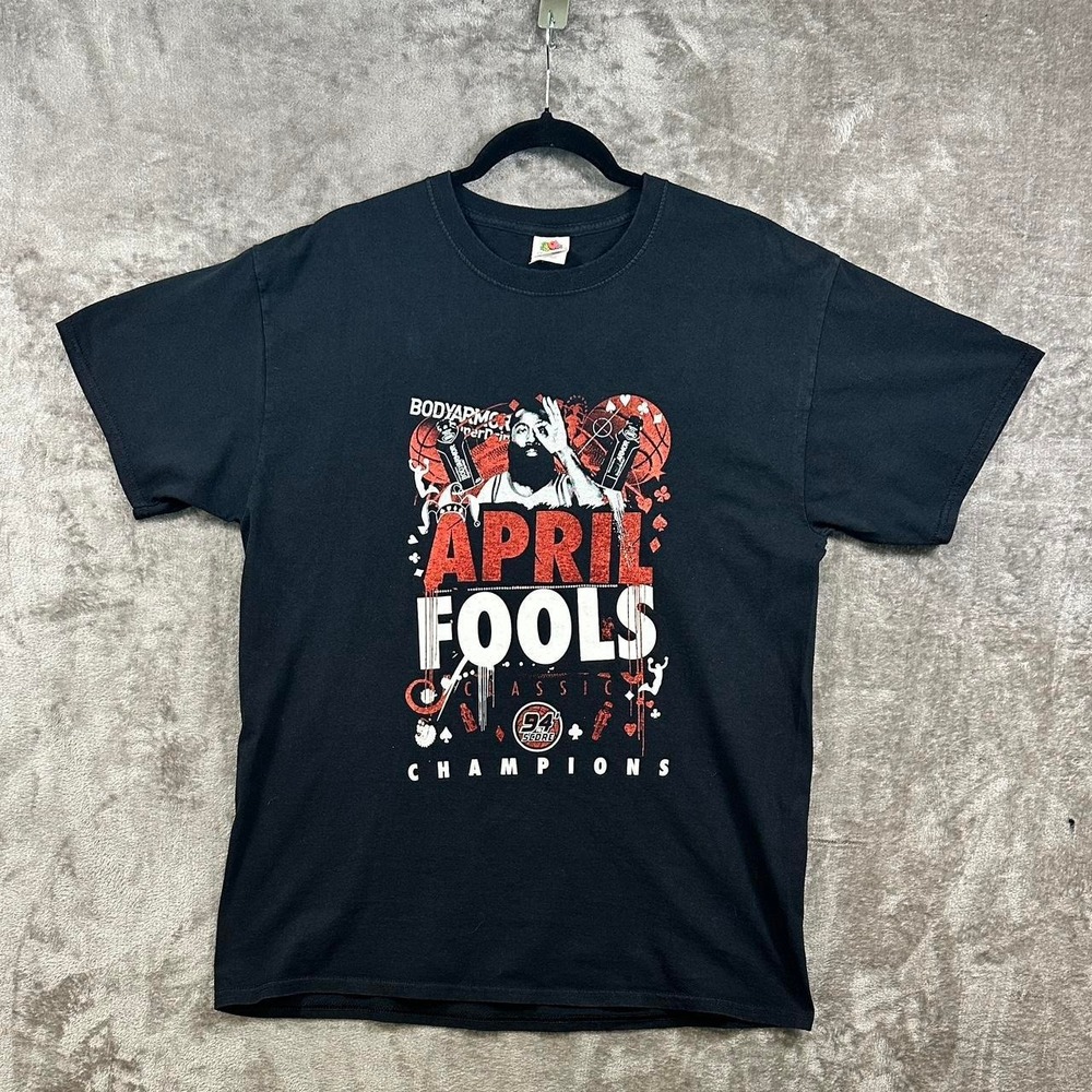 Vintage April Fools Champions Graphic Tee Large Black BodyArmor Sports T-Shirt